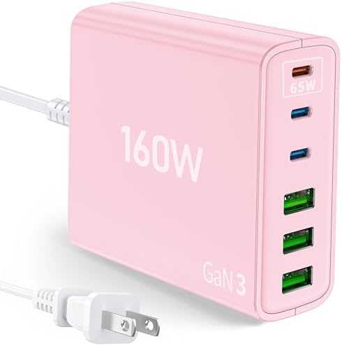 Efficient 160 W Multi-Device USB Charger: 6-in-1 Fast Charging Station with 65 W Type-C Port for Laptops, USB-A & USB-C Compatibility for Mac Book, i Pad, i Phone, Samsung – Ideal for Home and Travel Power Needs
