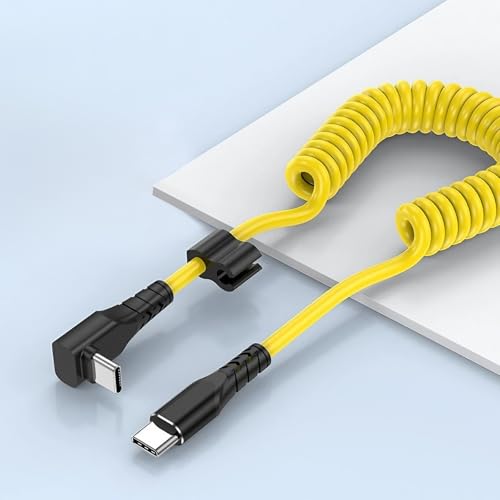 60 W Rapid Charge Retractable Coiled USB C to USB-C Cable with 90° Right Angle Connector – Ideal for i Phone 15/16 Pro Max, Galaxy S24/S23/S20/S10/Note 10/9, Pixel Devices, and Tesla – Ultimate Convenience and Speed for Tidy Workspaces and Seamless Data Sync