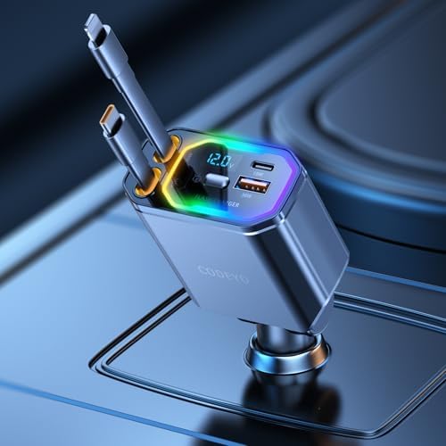 Revolutionary 4-in-1 Retractable Car Charger – 146 W Fast Charging Solution with PD 65 W & 30 W Outputs, 2.9 ft Tangle-Free Cord, RGB Light for Enhanced Visibility, Perfect Compatibility for i Phone 16/15/14/13/12, Android Devices & Laptops – Sleek Gray Design for Modern Vehicles