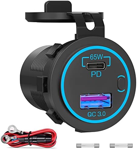 OUFFUN 65 W PD Car Charger: Ultimate 12 V USB Outlet with 83 W Power for Rapid Laptop & Smartphone Charging – Waterproof, Energy-Saving Switch, Ideal for RV, Marine, Motorcycle, Truck & Golf Cart