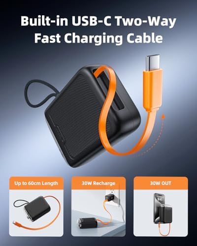Compact 30 W Retractable USB-C Power Bank with Fast Charging – Sleek Dual Charging Battery Pack for i Phone 15, Android Devices & Laptops – Integrated 60 cm Cable & LCD Display for Ultimate On-the-Go Power Solutions