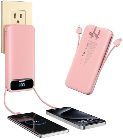 Ultra-Compact 12000 m Ah Power Bank with Built-in Charging Cables & AC Plug – 20 W PD Fast Charging for i Phone, Samsung, Android, USB-C Devices – Travel-Friendly External Battery Pack in Purple – Unmatched Portability and Efficiency for On-the-Go Charging Solutions