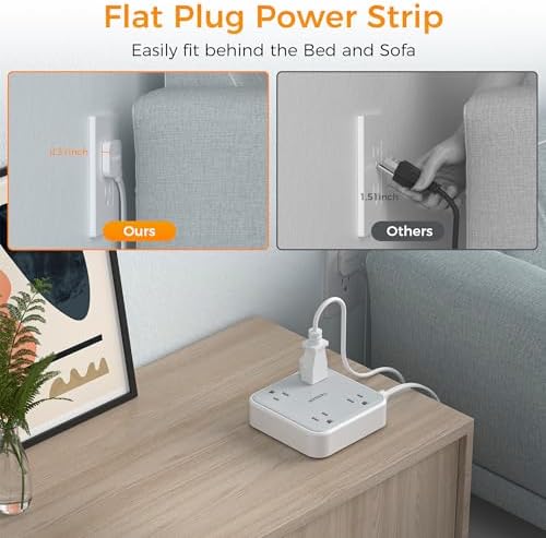 TESSAN 5 FT Flat Extension Cord Surge Protector – 4 Outlet Power Strip with 3 USB C Ports (1 USB C) for Fast Charging, 900 Joules Electronics Protection, Space-Saving Design for Home, Office, and Dorm Use, Enhanced Compatibility and Efficiency
