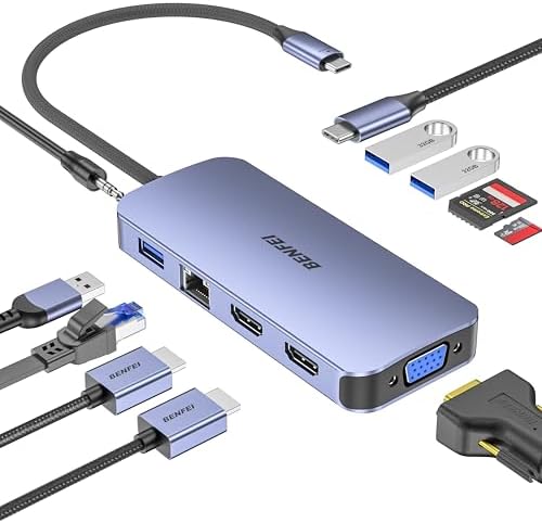 Transform Your Workspace with the BENFEI 11-in-1 USB C Hub – Ultimate Triple Display Docking Station with Dual HDMI, VGA, High-Speed USB 3.0 Ports, and 100 W Power Delivery for Rapid Charging – Essential Accessory for Mac Book, XPS, and Surface Users Seeking Enhanced Productivity and Seamless Connectivity