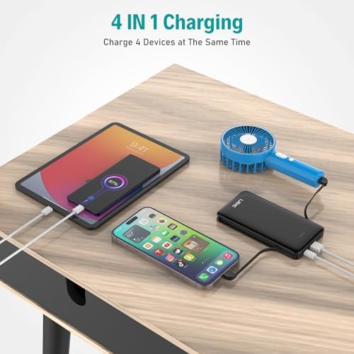 Ultra-Slim 10,000 m Ah Portable Power Bank with Integrated Charging Cables – Lightweight Multi-Device USB Type C Fast Charger for i Phone, Samsung, Android, and More – Ideal Travel Companion for Seamless Power on the Go