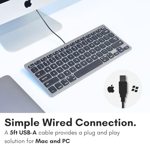 Compact Macally Wired Keyboard for Mac and Windows – Sleek USB Mini Keyboard with 78 Scissor Switch Keys – Effortless Plug and Play Design for Enhanced Typing Speed – Ideal Space-Saving Solution for Modern Workspaces – Durable Aluminum Finish for Long-lasting Performance and Style