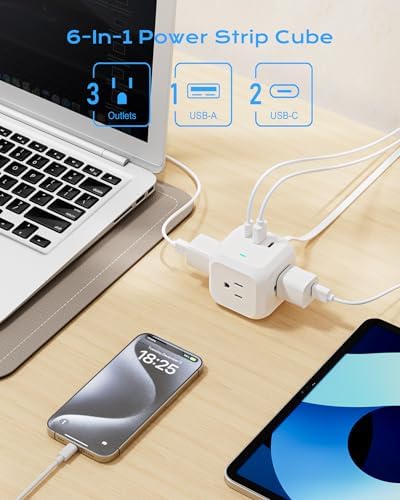 Compact Power Strip Cube with 3 AC Outlets & 3 USB Ports (2 USB-C) – 900 Joules Surge Protection & 5 ft Flat Plug Extension Cord for Home Office & Travel – Versatile Charging Station for Enhanced Device Compatibility & Safety