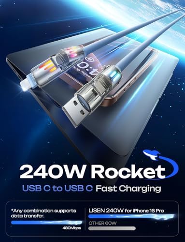 LISEN 240 W 4-in-1 USB C to Lightning Charging Cable – 10 FT Heavy-Duty Multi-Device Charger with LED Indicator for i Phone 16/15/14 Pro, Mac Book, i Pad, Samsung S25 & Nintendo Switch – Ultimate Flexibility and Fast Power Delivery