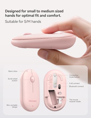 TECKNET Dual Mode Bluetooth Mouse – Compact Portable Wireless Mouse with Silent Clicks for Laptops & Desktops | Seamless Bluetooth 3.0/5.0 & 2.4 GHz USB Connectivity | Ergonomic Design for PC, Chromebook & Mac Users – Sleek Grey Finish for Ultimate Style and Comfort