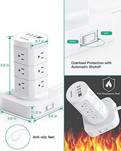 High-Performance Surge Protector Power Strip Tower with 12 AC Outlets and 4 USB Fast Charging Ports – 10 FT Extension Cord for Ultimate Flexibility, Ideal for Home, Office, and Dorm Room Essentials – Space-Saving Design with Advanced Surge Protection