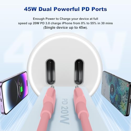 Dual-Port 45 W USB C Car Charger Adapter for Apple Devices – MFi Certified Fast Charger with 3 ft Lightning Cable (Pack of 2) – Rapid Charging for i Phone 14/13/12/11 Pro Max, i Pad, and Air Pods – Durable & Portable Power Solution for On-the-Go Lifestyle