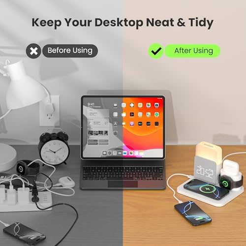 Elevate Your Nightstand with the 7-in-1 Wireless Alarm Clock Charging Station – Fast Mag-Safe Charger for i Phone 12-16 Pro Max, Apple Watch & Air Pods, Features Adjustable Night Light and Sleek Time Display for Ultimate Bedroom Convenience