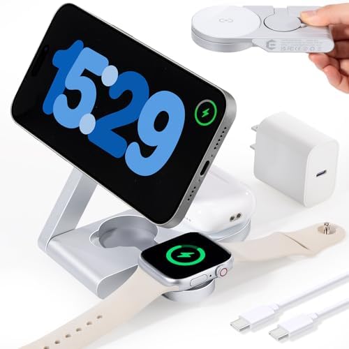 Compact 3-in-1 Wireless Charging Station for Apple Devices – Ultra-Fast 15 W Mag Safe Charger with Foldable Design, Ideal for Travel, Office, and Home Use – Certified Apple Watch Fast Charging Ready with Smart Chip Technology for Safe Power Delivery and Efficient Heat Dissipation – Complete Charging Kit with USB-C Adapter Included