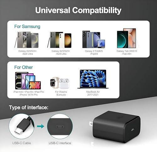 Experience lightning-fast charging with the 45 W Samsung Super Fast Phone Charger, featuring a 10 FT USB-C charging cable for ultimate flexibility. Designed for Samsung Galaxy S25 Ultra, S24+, S23, and more, this high-performance charger combines efficiency and safety with its advanced overheating and overcharging protection. Say goodbye to long wait times and enjoy the convenience of rapid power delivery that fits seamlessly into your busy lifestyle. The durable construction ensures longevity, making it an essential accessory for home, office, or travel. Maximize your productivity and keep your devices charged and ready for action with this versatile and reliable fast charger, tailored for modern users who demand speed and performance.