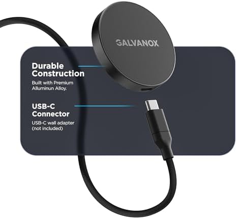 Galvanox Magnetic Wireless Charger – High-Speed 15 W Adhesive Mount for i Phone with Mag Safe Compatibility, Sleek Low-Profile Design for Home Office and Car Use, Removable USB-C for Effortless Installation and Versatile Charging Solutions