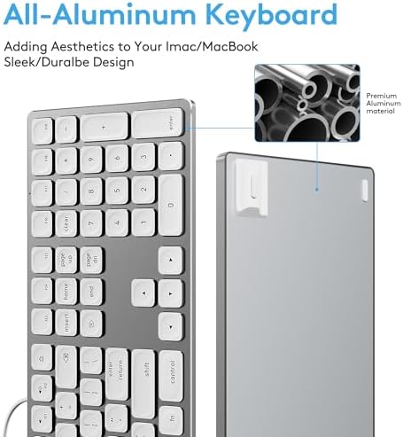 Sleek White Aluminum Backlit Keyboard for Apple Mac – USB-A & USB-C Wired with Numeric Keypad, Effortless Plug-N-Play Setup for i Mac, Mac mini & Mac Book Users – Enhance Productivity & Style with Premium Build and Low-Light Typing Comfort