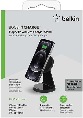 Belkin Magnetic Wireless Charging Stand – Ultra-Fast Mag Safe Charger for i Phone 12, 13, and 14 – Effortless Magnetic Alignment & Integrated Power Supply – Stylish White Design for Modern Environments – Streamlined Wireless Charging Solution for Enhanced User Experience and Aesthetic Appeal