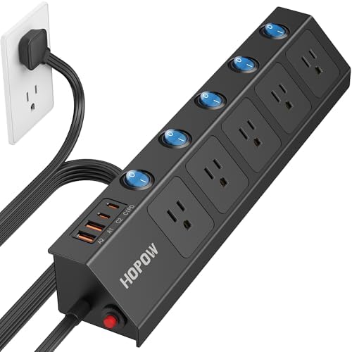 Ultra-Thin 10 Ft Flat Plug Power Strip with Individual Switches – 5-Outlet Surge Protector featuring 2 USB-C (20 W PD) & 2 USB-A Ports, 1700 Joules Surge Protection, Wall-Mount Design for Home and Office – Optimize Your Power Management with Enhanced Speed and Safety