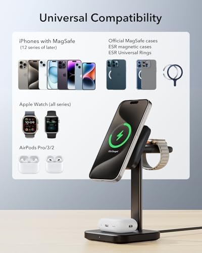 Ultimate ESR 2-in-1 Mag Safe Charging Station for Apple Devices – Fast Wireless Charger Stand for i Phone 16/15/14/13/12, Apple Watch, & Air Pods – Sleek Black Design for Dual Device Convenience and Enhanced Speed