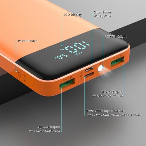 Ultra Slim 10800 m Ah Portable Charger with LCD Display – Fast Charging Power Bank with 20 W PD USB-C Output, Ideal for i Phone 15, 14 & Samsung Android – Compact Power Solution for On-the-Go Charging