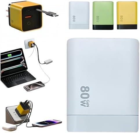 High-Efficiency 3-in-1 Ga N Charger – 80 W High-Speed Power Hub with Retractable USB-C Cable & Dual USB Ports for Ultimate Multi-Device Charging – Ideal Companion for Laptops, Smartphones, and Wireless Earbuds on the Move