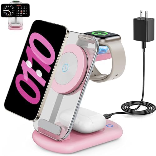 2025 Magnetic 3-in-1 Wireless Charging Station for i Phones, Apple Watches, and Air Pods – Fast Travel Charger with Integrated Light Indicator – Compact Design for Ultimate Portability – Perfect Gift for Tech-Savvy Couples – Compatible with i Phone 16, 15, 14, 13, 12 Pro Max Plus, Air Pods 4, 3, 2, Pro and Apple Watch Series – Enhance Your Charging Experience with Rapid Power-Up Technology