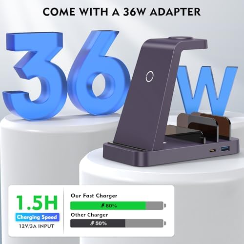 Revolutionize Your Charging Routine with the 5-in-1 Wireless Charging Station for i Phone – Fast, Efficient Dock for i Phone 16, 15, 14, 13, 12 Pro Max, Apple Watch, and Air Pods – Enhanced Compatibility, Intelligent Power Delivery, and Sleek Design for Clutter-Free Convenience