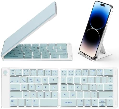 Samsers Portable Foldable Bluetooth Keyboard – Ultra Slim Wireless Keyboard with Stand for i OS, Android & Windows Devices – Rechargeable Multi-Device Travel Keyboard for Effortless Typing on the Go – Sleek Black Design