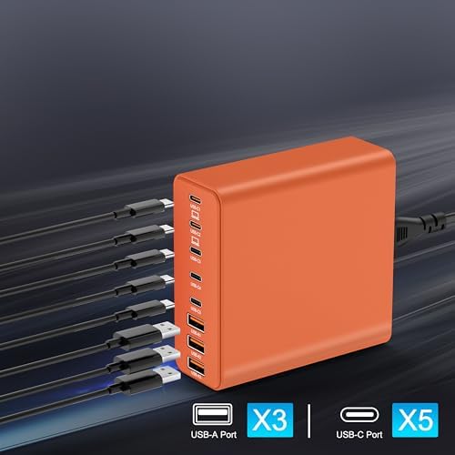 Ultra-Compact 8-Port USB-C Fast Charging Hub with Ga N III Technology – Versatile Power Adapter for Mac Book Pro, Dell, i Pad, i Phone & Samsung Galaxy – Striking Orange Design for Home, Office & Travel Convenience