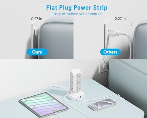 Revolutionize Your Charging Setup with the Flat Plug Power Strip Tower – 10 FT Extension Cord, 40 W Fast Charging Station Featuring 12 AC Outlets and 8 USB Ports (4 USB-C) for Ultimate Device Connectivity and Safety in Home, Office, or Dorm Room