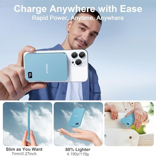 Ultra-Slim Magnetic Wireless Power Bank 5000 m Ah – 15 W Fast Charger for i Phone 16/15/14/13/12 Series – Sleek Metallic Design with USB-C Charging Cable – Enhanced Safety Features for Reliable On-the-Go Power