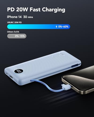 Sleek VRURC 10,000 m Ah Portable Charger with Built-in Wall Plug – Rapid 22.5 W USB Power Bank for Ultimate Travel Convenience – Slim Profile, 4 Outputs & Dual Inputs for Multi-Device Charging – Essential USB-C Compatible Travel Accessory in White