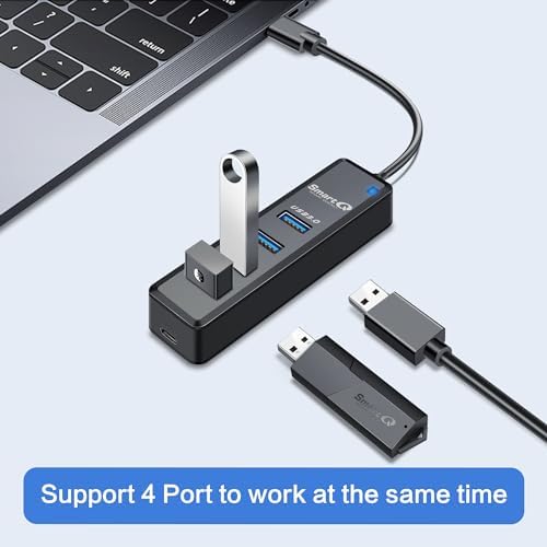 Smart Q H302 USB 3.0 Hub – 4-Port Connectivity Solution with Long Cable Options for Seamless Data Transfer up to 5 Gbps, Micro-B Charging for All Devices, Includes USB C Adapter – Boost Your Productivity & Versatile Workspace Efficiency