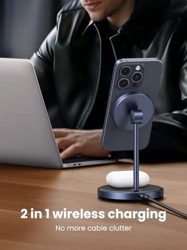UGREEN Mag Flow 2-in-1 Magnetic Wireless Charging Station – Ultra-Fast Qi Charging Hub for i Phone 16/15/14/13/12 & Air Pods – Sleek, Space-Saving Design with 3 FT USB-C Cable (Adapter Not Included) – Elevate Home & Office Charging Efficiency