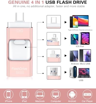 4-in-1 Rose Pink 256 GB Flash Drive for i Phone & i Pad – Versatile USB Type C Memory Stick for Seamless File Transfers Across Android, Computers & More – Enhanced Speed & Storage Solution for Photos, Videos, and Documents