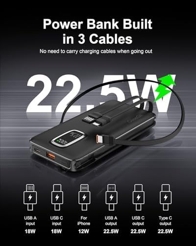 Ultimate 10000 m Ah Portable Power Bank with Built-In USB-C, USB-A & i OS Cables – 22.5 W Fast Charging Power Bank for i Phone 16/15/14/13, Samsung S24/S23/S22/S21, i Pad & More – Lightweight, Airline-Approved Charger for On-the-Go Convenience and Enhanced Device Compatibility