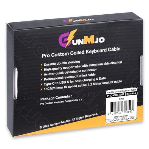 GUNMJO Pro Custom Coiled USB C Cable for Gaming Keyboards – Premium Double-Sleeved Mechanical Keyboard Accessory with Detachable Metal Aviator, 1.5 m USB-C to USB-A in Sleek Carbon Black – Ultimate Speed, Durability, and Aesthetic Upgrade for Gamers