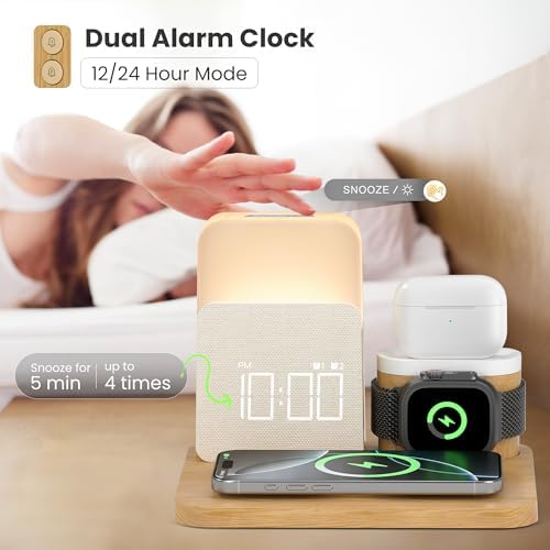 Elevate Your Nightstand with the 7-in-1 Wireless Alarm Clock Charging Station – Fast Mag-Safe Charger for i Phone 12-16 Pro Max, Apple Watch & Air Pods, Features Adjustable Night Light and Sleek Time Display for Ultimate Bedroom Convenience