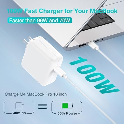 Ultra Compact 100 W USB-C Power Adapter for Mac Book Pro & Air (2019-2025) – Rapid Charge with 6.6 FT Braided Cable | Optimal Compatibility & Battery Preservation for Mobile Professionals