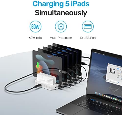 Unitek 10-Port USB Charging Station: Smart IC Technology for Fast, Organized Device Charging with Adjustable Dividers – Ideal for i Pads, Tablets, Kindles & i Phones in Home or Office Settings