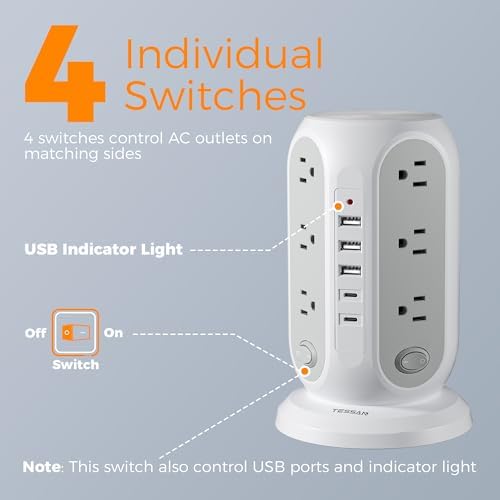 TESSAN Tower Power Strip Surge Protector – 12 Outlets with Individual Switches, 5 Fast-Charging USB Ports (2 USB-C), 10 Ft Flat Extension Cord with Discreet Plug Design – Ideal Multi-Device Charging Station for Office and Dorm Use