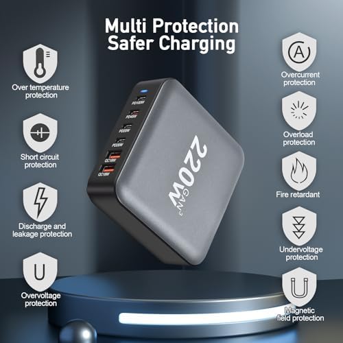 Ultimate 220 W USB Charging Hub – 6-Port Fast Charging Station with 4 PD USB-C and 2 QC USB-A for Universal Device Compatibility – Streamlined Charging Solution for Phones, Laptops, Tablets, and More – Ideal for Home, Office, or Travel