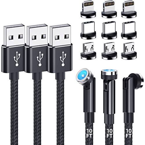 Revolutionize Your Charging Experience with the 3-Pack 10 FT Magnetic Charging Cable Set – Featuring 540° Rotating Connector, 3-in-1 Compatibility for i Phone, Micro USB, Type C Devices, and Durable Nylon Braiding with LED Indicator for Effortless Use and Enhanced Durability – Perfect for Home, Office, and On-the-Go Charging Solutions