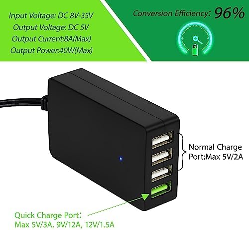 Le Motech Ultra-Fast Multi-Port USB Power Adapter – Compact 12 V/24 V to 5 V DC Converter for i Phone, Android, and Tablets – Versatile Charging Station for Travel and Outdoor Use – Reliable Power Solution with Four USB Ports for Quick Device Charging