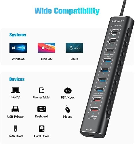 Maximize Your Device Connectivity with Rosonway 10-Port USB 3.2 Hub – Ultra-Fast 10 Gbps Data Transfer, 60 W Fast Charging, Sleek Aluminum Design for Enhanced Productivity on Laptops and PCs