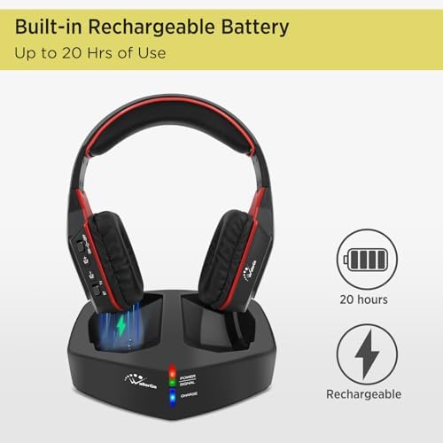 Unleash the Power of Sound with Wallar Ge Long-Range Wireless Over-Ear Headphones – Effortless Setup with RF Transmitter, 100 Ft Wireless Freedom, and 20-Hour Rechargeable Battery Life for Uninterrupted Entertainment – Luxurious Comfort in Sleek Black/Red Design, Compatible with All TV Brands for an Immersive Audio Experience