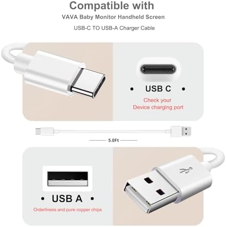 5 ft High-Speed USB C Power Cord for VAVA Baby Monitor – Essential AC Adapter for Continuous Use, Durable and Portable Charging Solution for Busy Parents