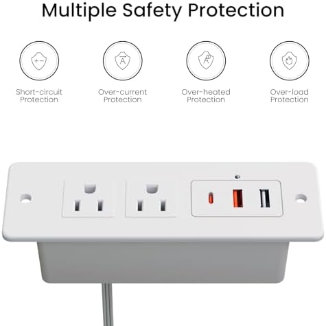 Recessed Power Strip with 15 W Wireless Charging & PD20 W USB-C Fast Charge – Sleek Flush Mount Design for Nightstands, Sofas, and Tables – Maximize Space and Efficiency with Dual Outlets and USB Ports for Ultimate Convenience