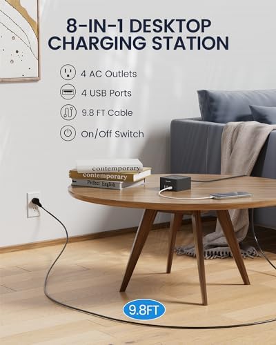 SUPERDANNY Portable USB Power Strip Surge Protector – Premium Desktop Extension Cord with 4 Spacious Outlets & 4 Advanced Smart USB Charging Ports for Home, Office, Hotel, Dorm, and RV Use – Elegant Faux Walnut Finish for Enhanced Aesthetics and Device Safety