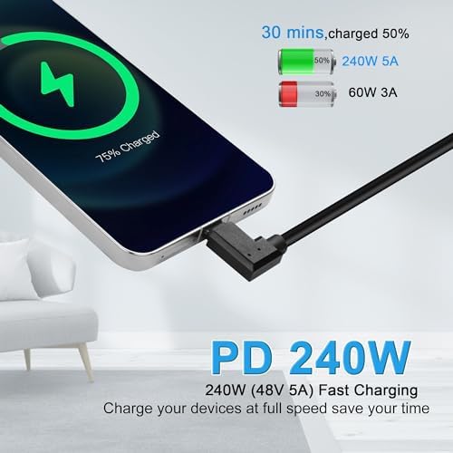 Right-Angled USB C to USB C Extension Cable – 90 Degree USB 4.0 Connector for 240 W Fast Charging and High-Speed Data Transfer – Perfect for Tight Spaces; Ideal for Laptops, Tablets, and Mobile Devices – Enhanced Multimedia Support and Strain Relief Design